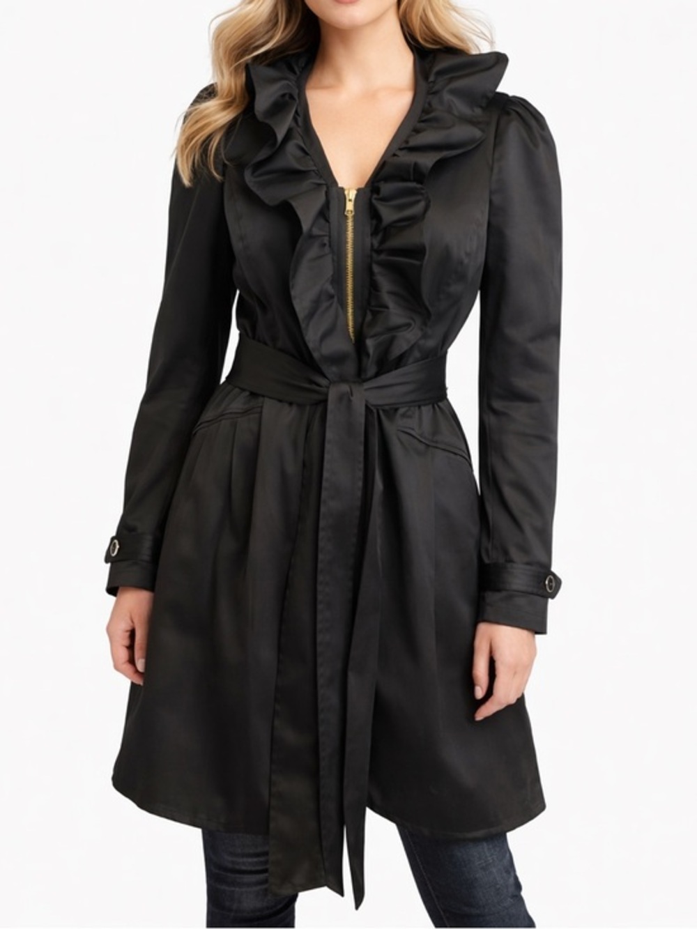 Orraboutique Black Ruffle Trench Coat XS Belted Fit Flare Zip Jacket